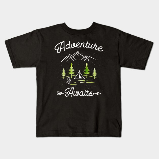 Adventure Awaits Camping Hiking Outdoor Travel Kids T-Shirt by Jipan